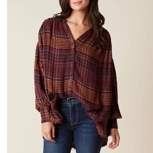 Free People Come On Over Maroon Wine Plaid Flannel Oversized Long Sleeve Shirt